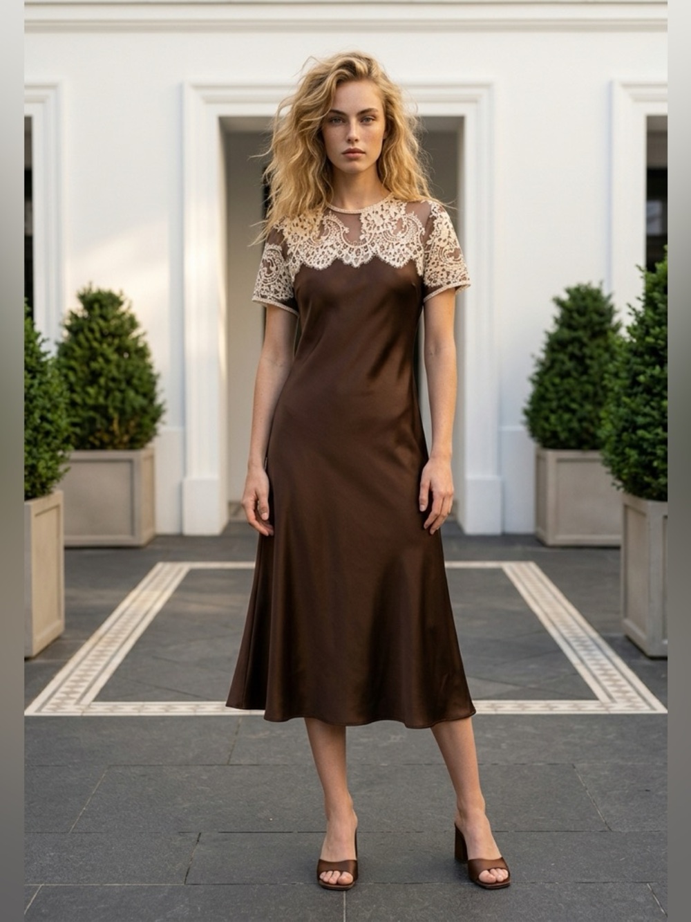 Zara Brown Maxi Dress with Cream Lace Yoke